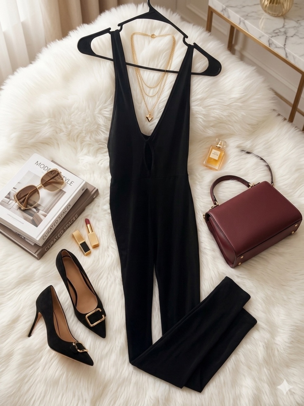 SHEIN Black V-Neck Slim Jumpsuit